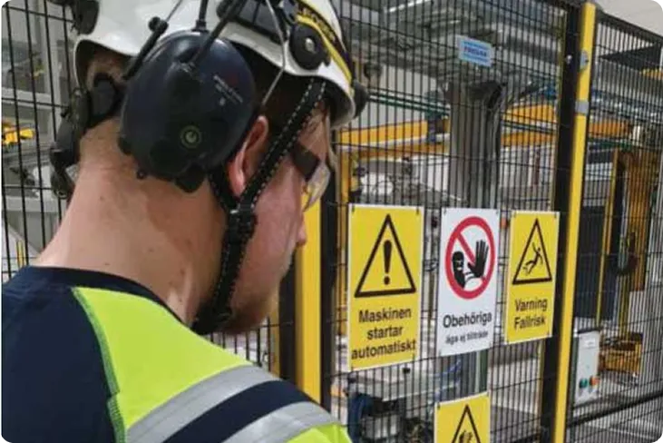 Worker observing safety signage on a Raumaster line
