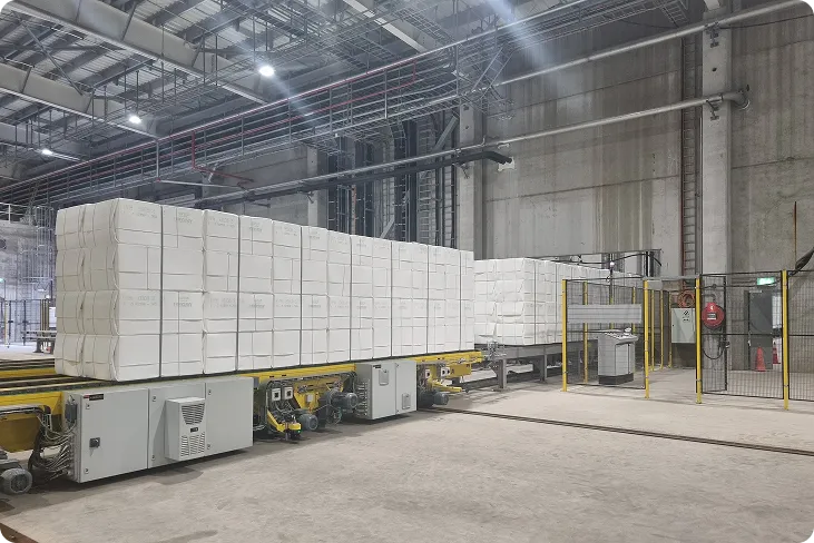 Warehouse with stacked pulp bales